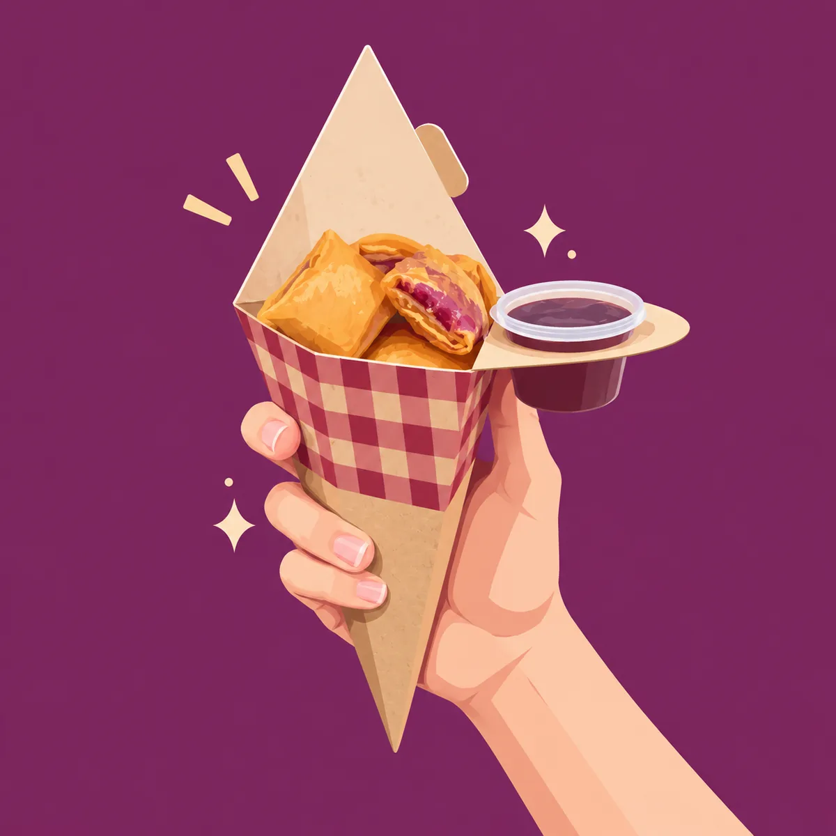 Lumpia ubi dalam wadah kotak-kotak dengan saus ubi ungu